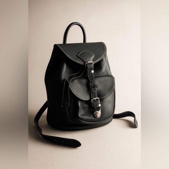 Roots Handbags - Roots Vintage Papa Alex Black Pebbled Leather Drawstring Knapsack Large Backpack